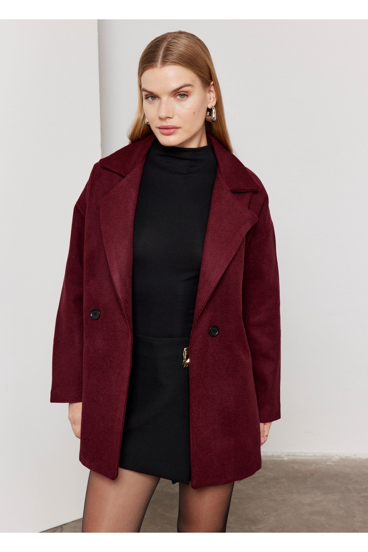 Bordo Mürdüm Oversize Astarlı Kaşe Kaban