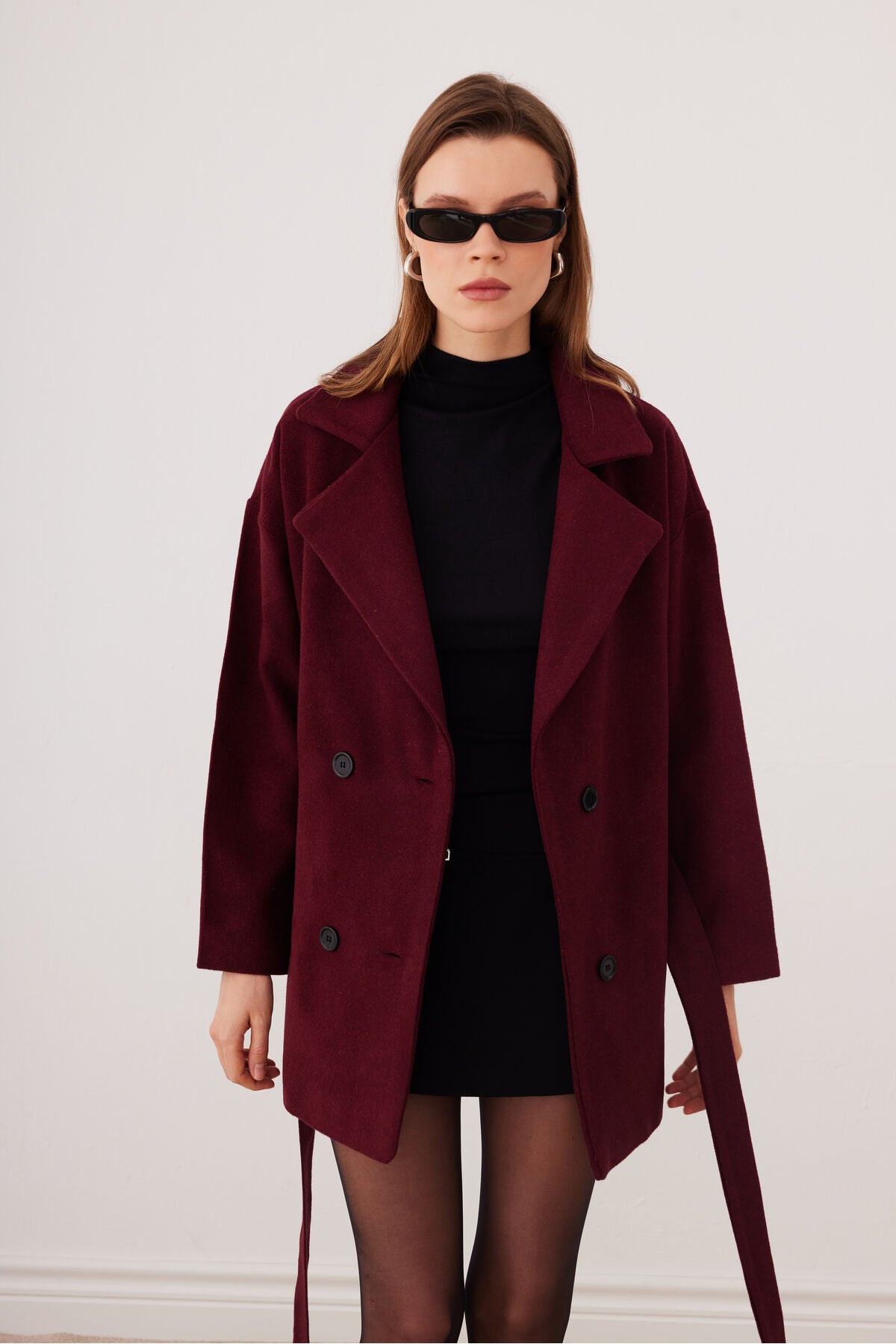 Bordo Oversize Kısa Kaşe Kaban Kemerli Astarlı