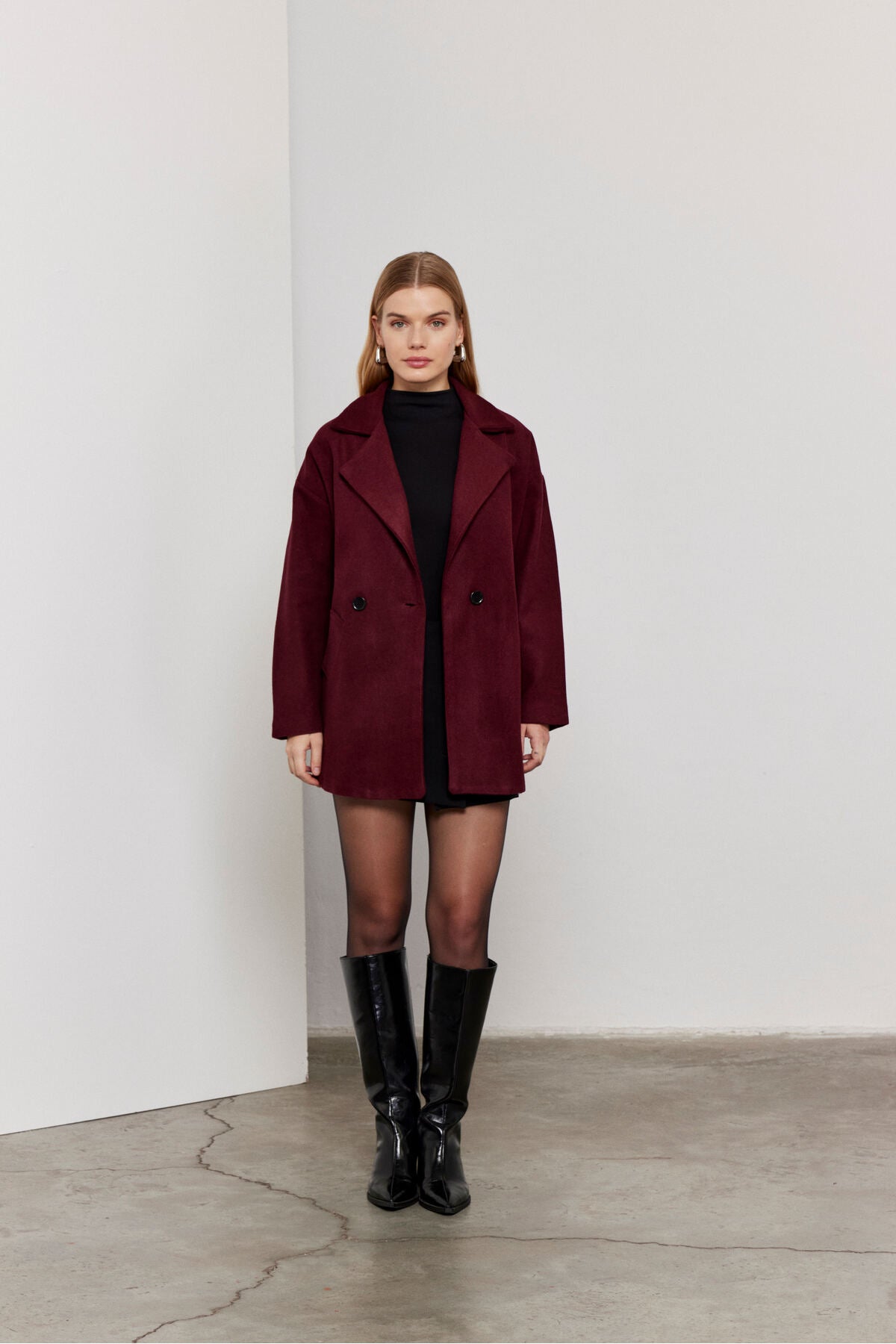 Bordo Mürdüm Oversize Astarlı Kaşe Kaban