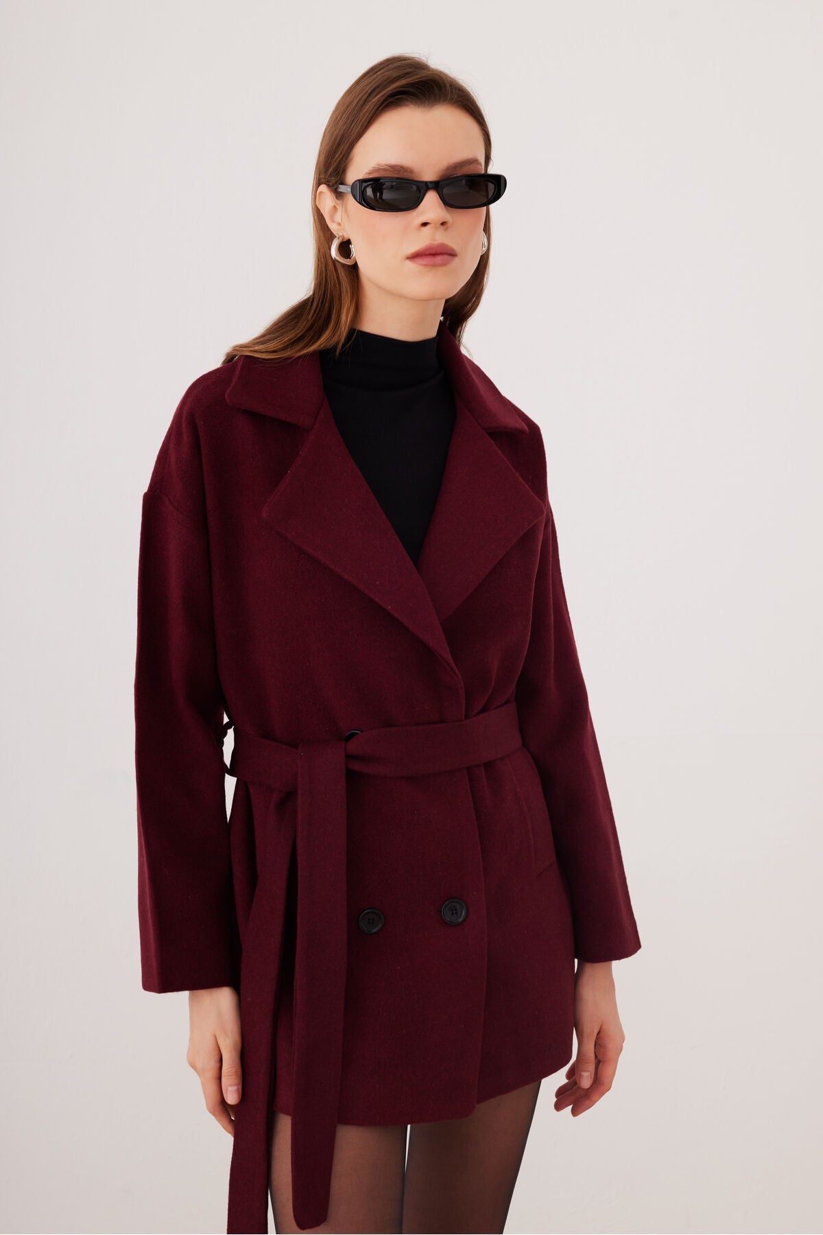Bordo Oversize Kısa Kaşe Kaban Kemerli Astarlı